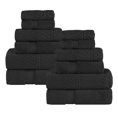 SUPERIOR Cotton Chevron 12 Piece Assorted Towel Set, Zero Twist, Quick Dry, Home Essentials, Shower, Spa, Luxury Plush Soft Absorbent Towels, Includes 4 Bath, 4 Hand, 4 Washcloth/Face Towels, Black - color: Black, size: 12 Piece Towel Set (Solid + Jacquar