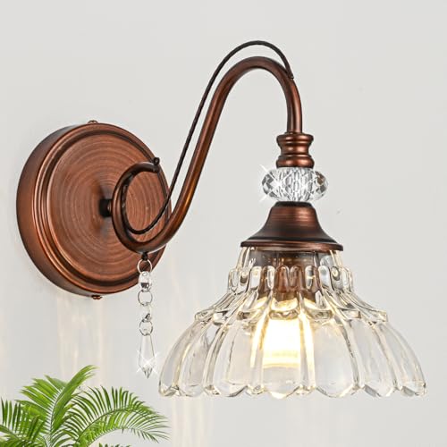 1 Piece Vintage Wall Sconce, 1-Light Matte Antique Red Bronze Finish Wall Sconce with Hanging Crystal Accents and Flower-Shaped Clear Shades for Bathroom Bedroom Living Room,Vintage Vanity Light - color: Antique Red Bronze, size: 1-Light