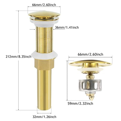 Bathroom Sink Drain, 2 Pack Gold Drain Stopper Without Overflow,Pop Up Drain Assembly Without Detachable Strainer Basket,Built-in Anti-Clogging Strainer,Stainless Steel - color: 2 Pack-gold-big Cap, style: Without Overflow