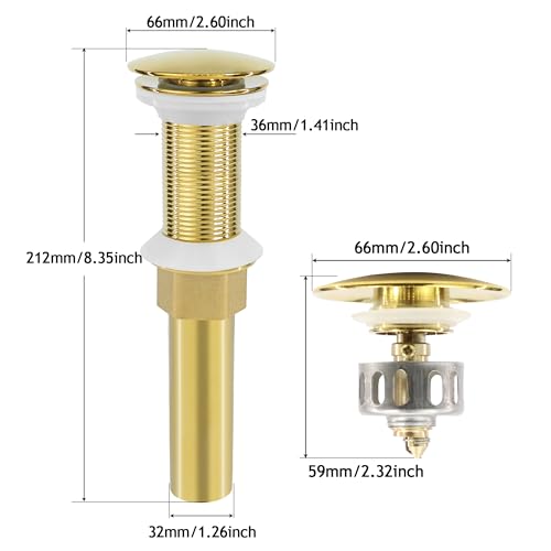 Bathroom Sink Drain, 4 Pack Gold Drain Stopper Without Overflow,Pop Up Drain Assembly Without Detachable Strainer Basket,Built-in Anti-Clogging Strainer,Stainless Steel - color: 4 Pack-gold-big Cap, style: Without Overflow