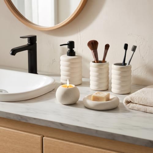 5 Pcs Ceramic Bathroom Accessories Set, White Bathroom Soap Dispenser Set | Soap Dispenser 16Oz, Toothbrush Cup, Toothbrush Holder, Soap Dish, Candle Holder,Modern Bathroom Accessory Set for Countertop - color: White-001