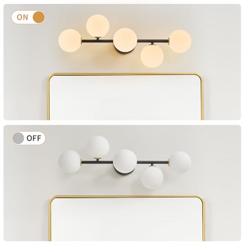 Modern Bathroom Vanity Light Fixtures,LED Matte Black Wall Sconce Lighting | 5 Lights Milk Glass Globe Vanity Light, Makeup Bathroom Vanity Lights,Dimmable Brass Mid Century Wall Sconces over Mirror - color: Black Milk Glass, size: Integrated LED