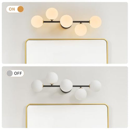 Modern Bathroom Vanity Light Fixtures,LED Matte Black Wall Sconce Lighting | 5 Lights Milk Glass Globe Vanity Light, Makeup Bathroom Vanity Lights,Dimmable Brass Mid Century Wall Sconces over Mirror - color: Black Milk Glass, size: Integrated LED