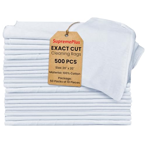 Premium New Lint Free Rags, Exact Cut 20" x 20", 50 Packs of 10 Pieces, Soft 100% Cotton White T-Shirt Rags, Absorbent & Reusable Shop Rags Bulk for Household, Automotive & Industrial Use - size: 20x20 Inch (500 Pack)