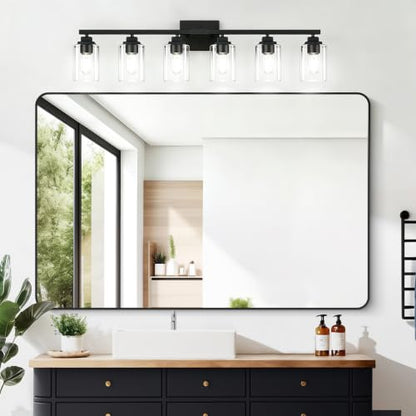 Matte Black Bathroom Vanity Light, 6-Light Modern Vanity Lighting Fixtures Over Mirror with Clear Glass Shade,Square Design,Wall Sconces for Living Room Cabinet Bedroom,E26 Socket - size: 6-Light