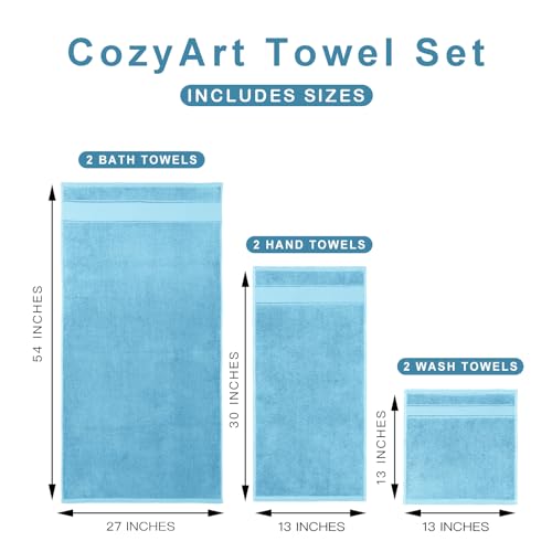 COZYART Bath Towel Set 6 PCS, Sky Blue 100% Turkish Cotton 650GSM Soft | Absorbent Quick Dry, OEKO‑Tex 100 Cert. Zero Twist Ring Spun Cotton, Plush Fluffy, Breathable Hotel Quality Bathroom Towels - color: Light Blue