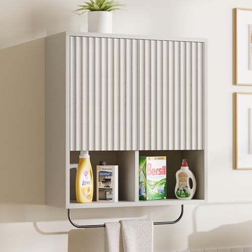 Fluted Wall Cabinet, Modern Medicine Cabinet Bathroom with Doors and Adjustable Shelf Towel Rack Wood Storage Cabinet for Kitchen Dining Room Living Room, White - color: White, size: 1PC