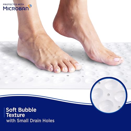 Kenney MB61186H Microban Protected 26.75" L x 14.5" W Vinyl Bubble Bath Mat, Shower Mat, Tub Mat with Suction Cups and Drain Holes for Use Inside the Shower, White - color: White