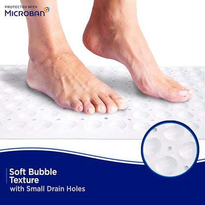 Kenney MB61186H Microban Protected 26.75" L x 14.5" W Vinyl Bubble Bath Mat, Shower Mat, Tub Mat with Suction Cups and Drain Holes for Use Inside the Shower, White - color: White