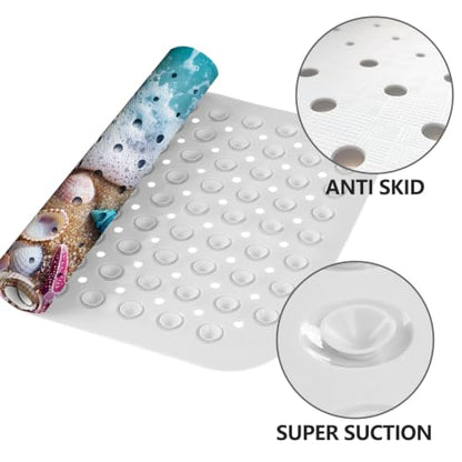 LNOND Summer Beach Bathtub Mat Non Slip, 40 X 16 Inch Tub Mat for Bathroom, Waves and Beach Bath Tub Shower Mat with Drain Holes and Suction Cups - color: Waves and Beach Bathtub Mat