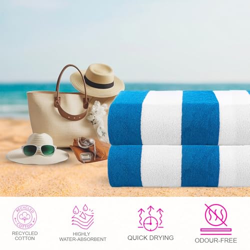 CASA COPENHAGEN Cabana Towels 2Pcs Cyan Designer Stripe Beach Bathsheet Towels Gift Set, 35"x70" Oversized 100% Cotton Pool Bath Sheet Gift Set (Perfect Summer Gift Set for Women & Men)
