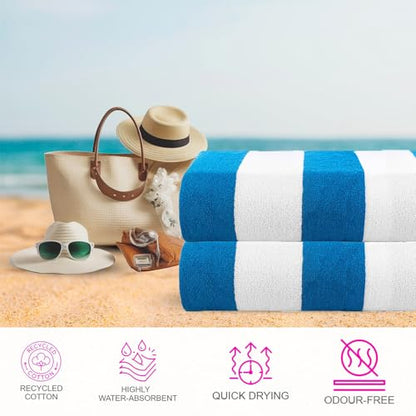 CASA COPENHAGEN Cabana Towels 2Pcs Cyan Designer Stripe Beach Bathsheet Towels Gift Set, 35"x70" Oversized 100% Cotton Pool Bath Sheet Gift Set (Perfect Summer Gift Set for Women & Men)