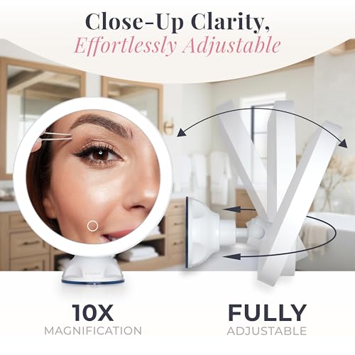 Zadro Zado 8.25-Inch x 6.9-Inch Round LED Lighted Wall Mounted Suction Cup Makeup Mirror with 10X Magnification and Touch Controls (White) - color: White