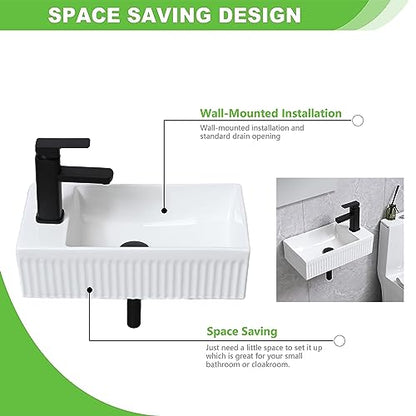 Bathroom Vessel Sink Wall Mount Sink White Wall Mounted Rectangular White Porcelain Ceramic Washing Small Bathroom Vanity Sink with Faucet and Drain - color: White 2