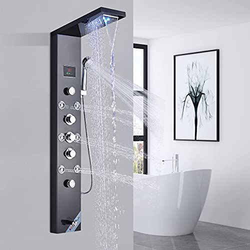 FUZ Contemporary Shower Panel Tower System Stainless Steel 6-Function Faucet LED Rainfall Waterfall Shower Head + Handheld Sprayer + Rain Massage Body Jets + Tub Spout, Black. - color: Black, style: 8009-B