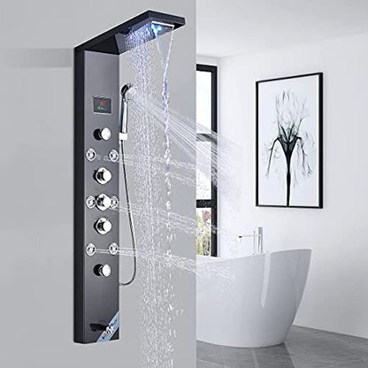 FUZ Contemporary Shower Panel Tower System Stainless Steel 6-Function Faucet LED Rainfall Waterfall Shower Head + Handheld Sprayer + Rain Massage Body Jets + Tub Spout, Black. - color: Black, style: 8009-B