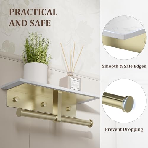 BWE Double Toilet Paper Holder with Shelf Wall Mounted Tissue Roll Holder | Commercial Toilet Paper Dispenser for Bathroom Marble Toilet Paper Storage Holder with Phone Shelf (Brushed Gold) - color: Double Brushed Gold