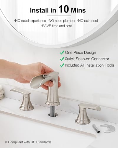 Widespread Bathroom Faucet Brushed Nickel, Brass Waterfall Bathroom Sink Faucet, 2 Handles Bathroom Faucets for Sink 3 Hole, 8 Inch Vanity Faucet for Lavatory RV Guest Room with Pop-Up Drain - color: Brushed Nickel