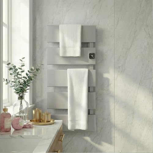 Electric Towel Warmer, Heated Towel Rack with Thermo Control and Timer, Fast Heating Towel Rail for Bathroom with Memroy Function, Work with Smart Plug, Right-Wiring, 5 Panel, Silver | Thermo Control and Timer, Fast Heat in 3 Mins, Dry Towels in 4 hrs, Me