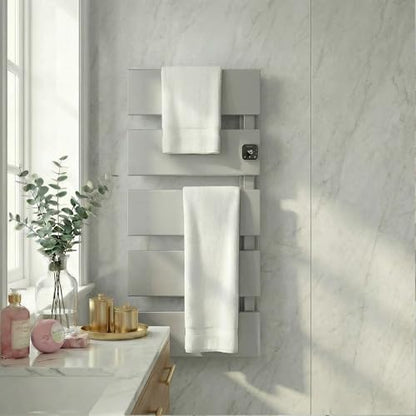 Electric Towel Warmer, Heated Towel Rack with Thermo Control and Timer, Fast Heating Towel Rail for Bathroom with Memroy Function, Work with Smart Plug, Right-Wiring, 5 Panel, Silver | Thermo Control and Timer, Fast Heat in 3 Mins, Dry Towels in 4 hrs, Me