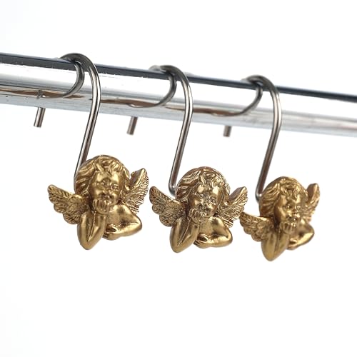 Twofish Home Golden Angel Shower Curtain Hooks Anti Rust Shower Curtain Hooks Decorative Resin Golden Angel Shower Curtain Rings Set of 12 - color: Golden Angel