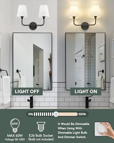 2-Light Matte Black Bathroom Vanity Light, White Fabric Shades | 17" double wall sconce, upward only, E26 base, hardwired, bulbs not included, VL837-MB-2 - color: Matte Black, size: 2-light