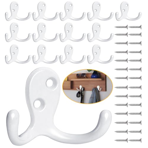 Homanu 14 Pack Coat Hooks, Heavy Duty Double Prong Coat Hooks Wall Mounted with 28 Screws, No Rust White Metal Wall Hooks for Hanging Towel, Coat, Bag, Hat, Cup, Key - color: 14 Pcs White
