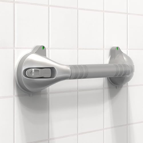 17“ Suction Shower Grab Bar with Indicators, Tool-Free Installation, Steady Handle for Balance Assist for Bathtub, Toilet, Bathroom, Dual Tone, Silver/Gray 2-Pack - size: 17in, Pack of 2
