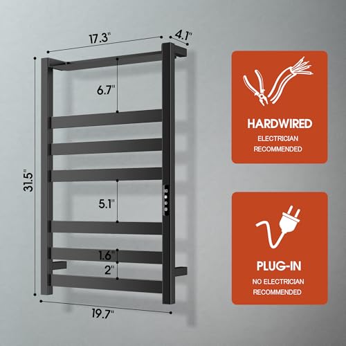 Towel Warmer 6 Bars with Shelf, Stainless Steel Towel Warmer Rack | for Bathroom, Wall Mounted Towel Heater with Intelligent Touch Screen Timer, Hard Wired/Plug-in, Black - size: 6 Bars with Shelf