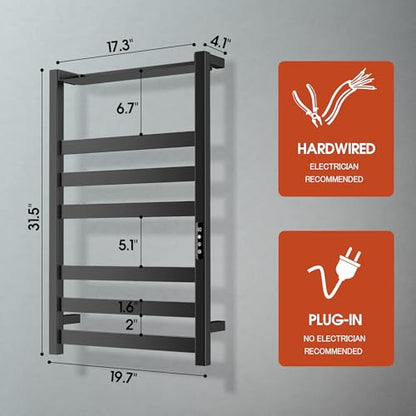 Towel Warmer 6 Bars with Shelf, Stainless Steel Towel Warmer Rack | for Bathroom, Wall Mounted Towel Heater with Intelligent Touch Screen Timer, Hard Wired/Plug-in, Black - size: 6 Bars with Shelf