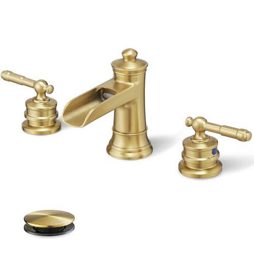 Gold Bathroom Faucet Waterfall, Brass 4-16 Inch Bathroom Faucets 3 Hole, Widespread 2 Handles with Pre-installed Water Hose & Pop-Up Drain for Vintage Vanity Washroom, 10 Mins Quick Installation - color: Brushed Gold - Elegant