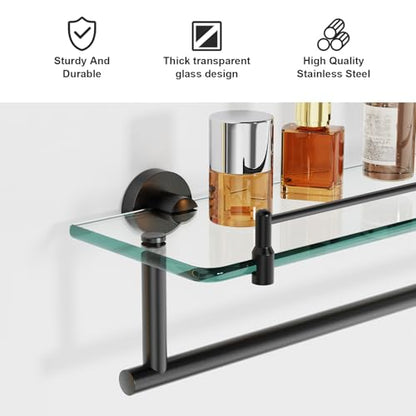 20-Inch Tempered Glass Bathroom Shelf with Towel Bar - Matte Black & Stainless Steel, Wall Mount Rustproof Tower Rail with Shelves - color: Matte Black, size: 20-inch with Railing