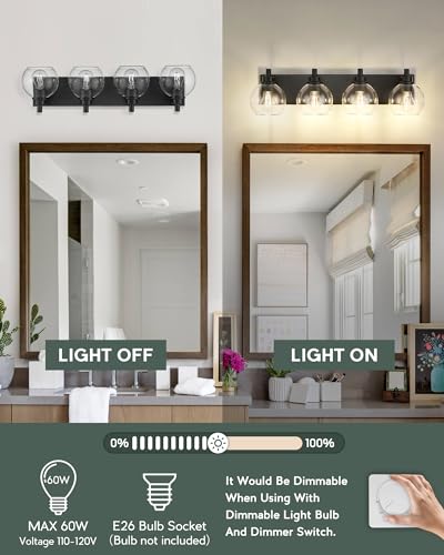 4-Light Matte Black Bathroom Vanity Light, Clear Glass Globe Shade | 26" modern bathroom light fixtures over mirror, E26 base, bulbs not included, VL195-MB-CL-4 - color: Black, Clear Glass, size: 4-light