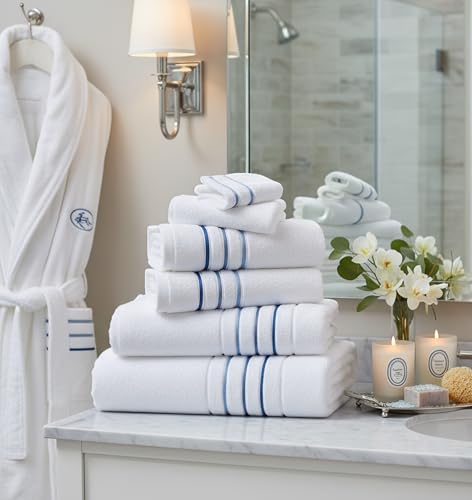 Bath Towels Set for Bathroom – Luxury 6-Piece Cotton Towels, Soft Absorbent & Quick Dry, 600 GSM Bath Towels for Bathroom, Hotel Spa Quality (White/Blue Azure, 6- Bath Towel Set) - color: White/Blue Azure