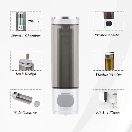 10oz/300ml Single Manual Wall Mounted Soap Dispenser, Silver & White | Bathroom Shampoo and Conditioner Dispenser, Clear Plastic Refillable Liquid Lotion Pump Dispenser and Organizer - color: White & Silver
