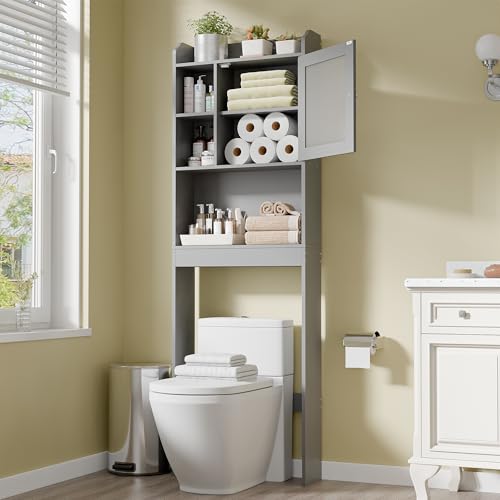SUPER DEAL Over The Toilet Bathroom Storage Cabinet Freestanding Wooden Bathroom Organizer with Adjustable Shelves and Glass Door, Gray - color: Grey