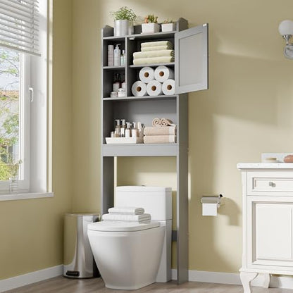 SUPER DEAL Over The Toilet Bathroom Storage Cabinet Freestanding Wooden Bathroom Organizer with Adjustable Shelves and Glass Door, Gray - color: Grey