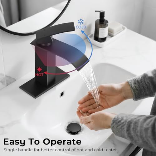 Matte Black Bathroom Faucets, Waterfall Bathroom Sink Faucet | Single Handle, Stainless Steel, Vanity Faucet with Deck Plate, Pop-up Drain, For 1 or 3 Hole, RV, Farmhouse - color: A-Black