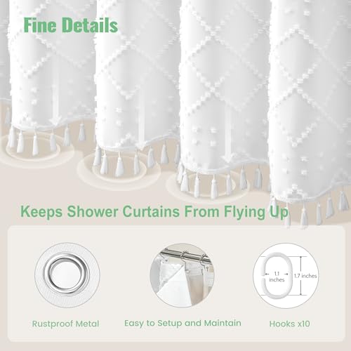 Stall Shower Curtain and Liner Set - 60 inch Wide Boho Shower Curtain and Waterproof Clear Liner, Tufted Geometric Striped Textured Tassel Shower Curtains for Bathroom, 10 Hooks, 60x72, White - color: White, size: 60"W x 72"L (Pack of 1)