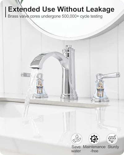 Waterfall Chrome Bathroom Faucet 3 Hole, Brass 4-16 Inch Widespread Bathroom Sink Faucet with Pop Up Drain, cUPC Supply Lines and 2 Handles for Vanity, Restroom, 10 Min Install - color: Chrome