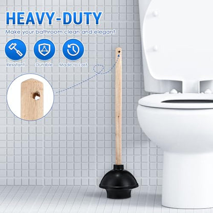 Dandat 48 Pcs Rubber Toilet Plunger with Double Thrust Force Suction Cup Long Wooden Handle Toilet Bowl Plunger Heavy Duty Pump Clogged Solution for Bathroom Stores Restaurants (Black)