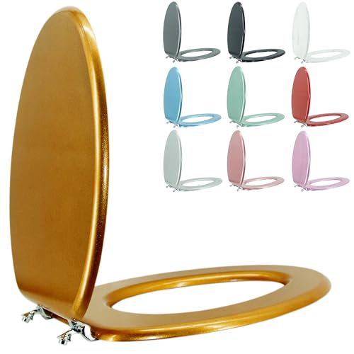 Elongated Toilet Seat Wood Toilet Seat Prevent Shifting with Zinc Alloy Hinges American Standard Size Toilet Seat Easy to Install also Easy to Clean(Elongated,Sparkling Classical Gold) - color: Classical Gold, size: Elongated