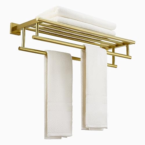 Bathroom Towel Rack 24 Inch Tower Holder with Double Towel Bar Brushed Gold Towel Rack Wall Mounted SUS304 Stainless Steel Hotel Towel Shelf Modern Towel Hanger - color: Brushed Gold, size: 24 Inch/ 60cm
