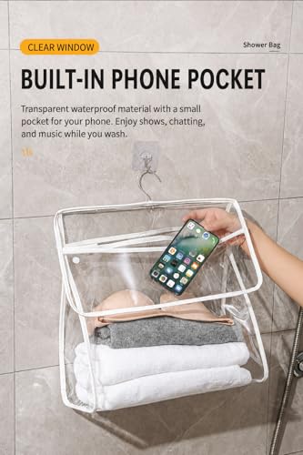Waterproof Bathroom Storage Bag Wall Hanging Organizer with Clear Window, Shower Clothes Storage Holder for Towels, Laundry & Bath Essentials, Space Saving Hanging Bag for Bathroom Door or Wall