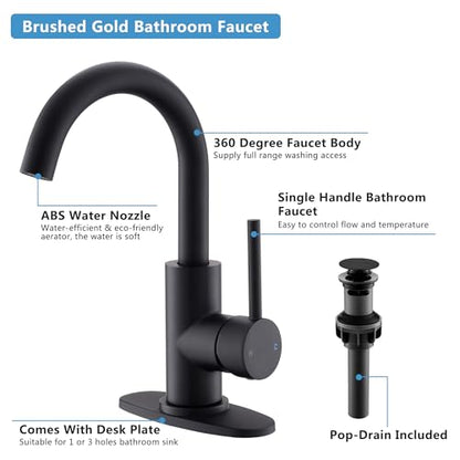 Black Bathroom Faucet | Matte Black Vanity Faucets with Pop-Up Drain, Modern Single Hole Bathroom Sink Faucets with Deck Plate Single Handle Lavatory Faucet 360° Swivel Spout Bar Sink Faucet - color: Black