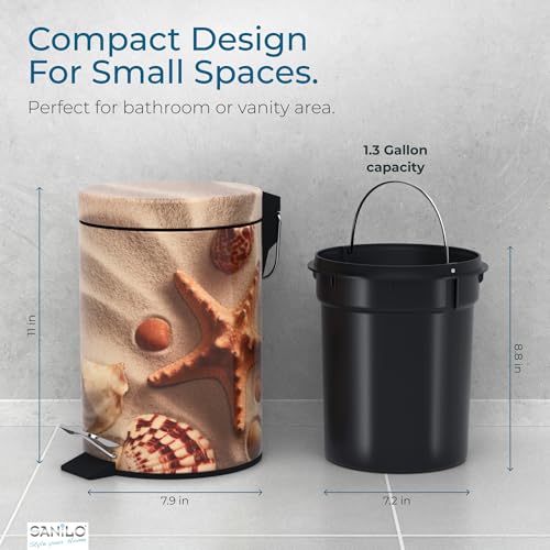 Sanilo Small Bathroom Trash Can with Lid [1.3 Gallon] - Lidded Tiny Trashcan for Garbage - Mini Metal Bin with Soft Closing Mechanism - Bath Room Accessoire Wastebin with Inner Bucket (Sanibel) - color: Sanibel