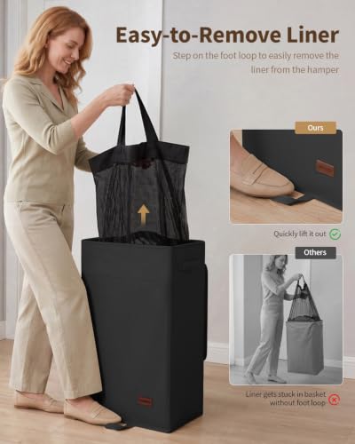 85L Laundry Hamper with Lid, Large Clothes Hamper, Black | Foot Loop & Removable Bag Easy to Lift and Carry, Tall & Collapsible Laundry Basket for Bathroom, Bedroom, Laundry Room, Dorm - color: Black