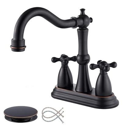 Oil Rubbed Bronze Bathroom Faucet 2 Hole, 4 Inch Centerset Antique Bathroom Faucet with Pop Up Drain and Supply Hose, Modern Bathroom Faucet Vanity Faucet, SE-0038-ORB - color: Oil Rubbed Bronze