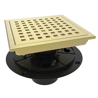 6 Inch Square Shower Floor Drain with Flange,Quadrato Pattern Grate Removable,Food-Grade SUS 304 Stainless Steel,Watermark&CUPC Certified, Brushed Gold - color: Brushed Gold, size: 6 Inch