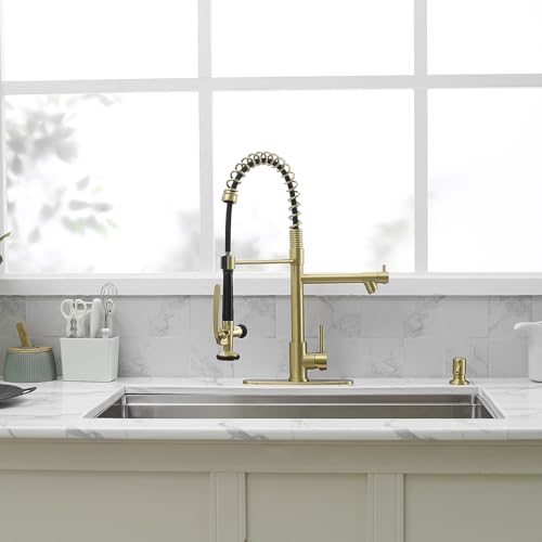 Fapully Commercial Kitchen Sink Faucet with Pull Down Sprayer Brushed Gold | Single Handle Faucets for Kitchen Sink, Kitchen Faucet with Soap Dispenser and Deck Plack for 4 Holes, 1.8GPM Water Flow - color: Brushed Gold, style: Contemporary
